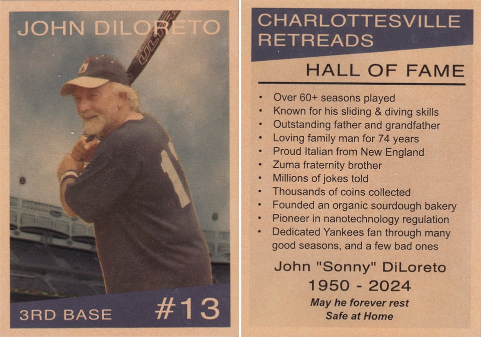 front and back of a memorial card for John DiLoreto, styled after a baseball card