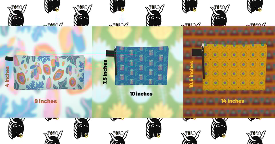 small papaya pencil case with 4x9" measurements, medium yamátibi pouch with 7.5x10" measurements, and large óta pouch with 10.5x14" measurements