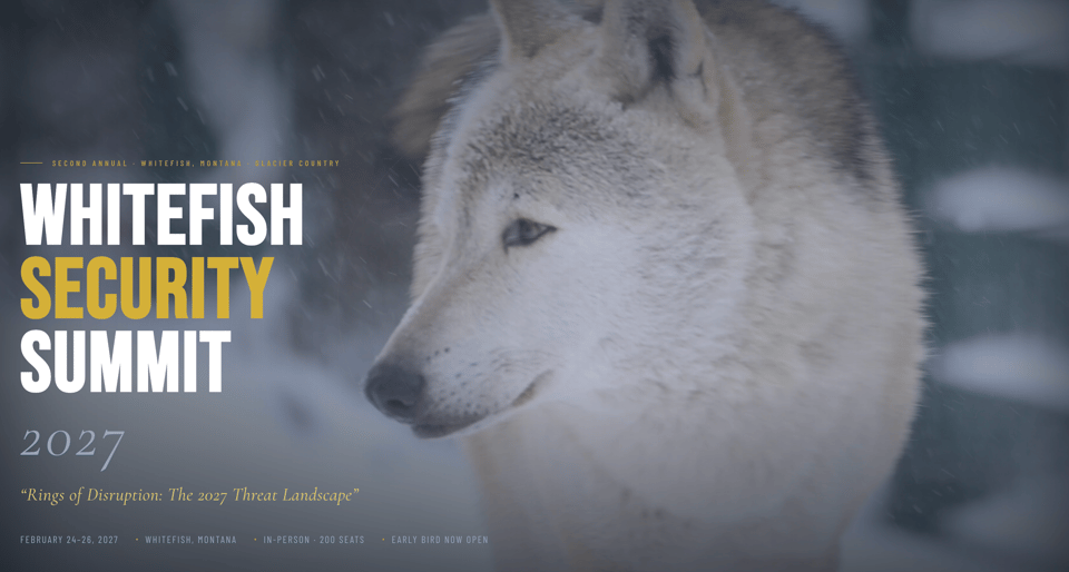 Image of a wolf on the Whitefish Security Summit website home page.