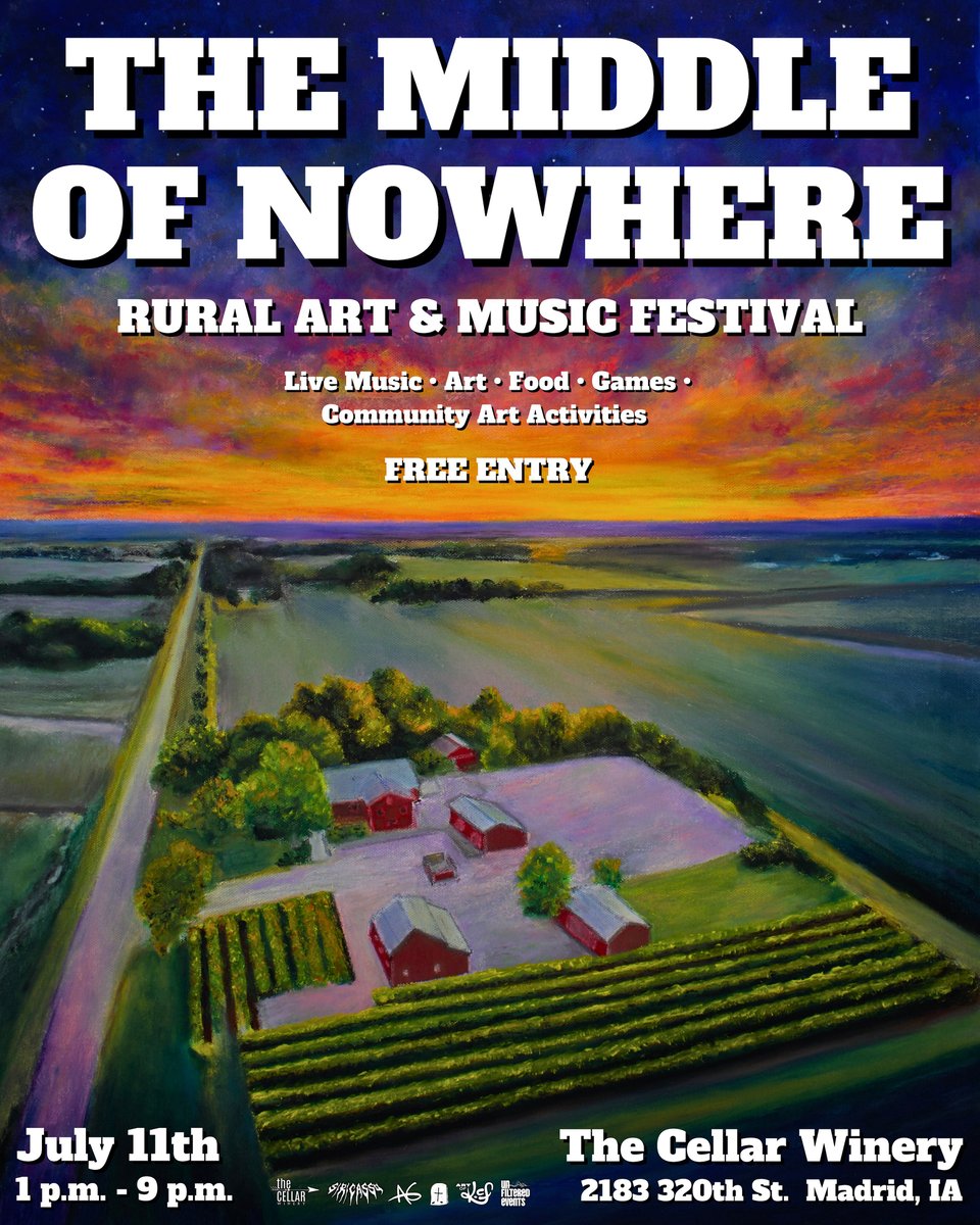 A poster announcing The Middle of NOWhere Rural Art and Music festival July 11 1-9pm