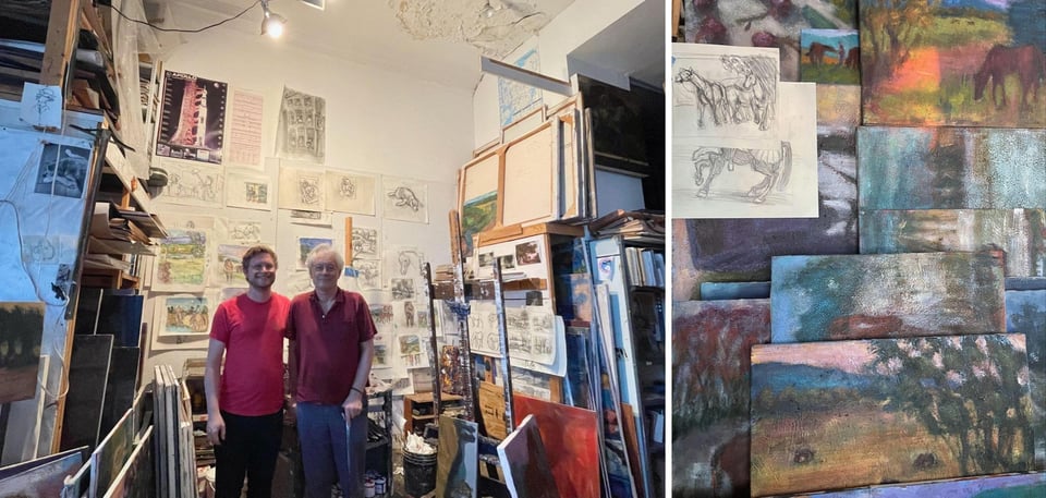 Ben and his dad Simon in his studio and Simon's paintings and sketches