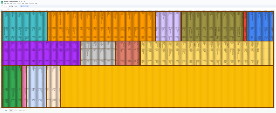 A digital replica of the library shelves inside Birdcall, laid out inside a spreadsheet. The spreadsheet cells are color-coded per genre and the columns hold the book titles, acting as book spines.