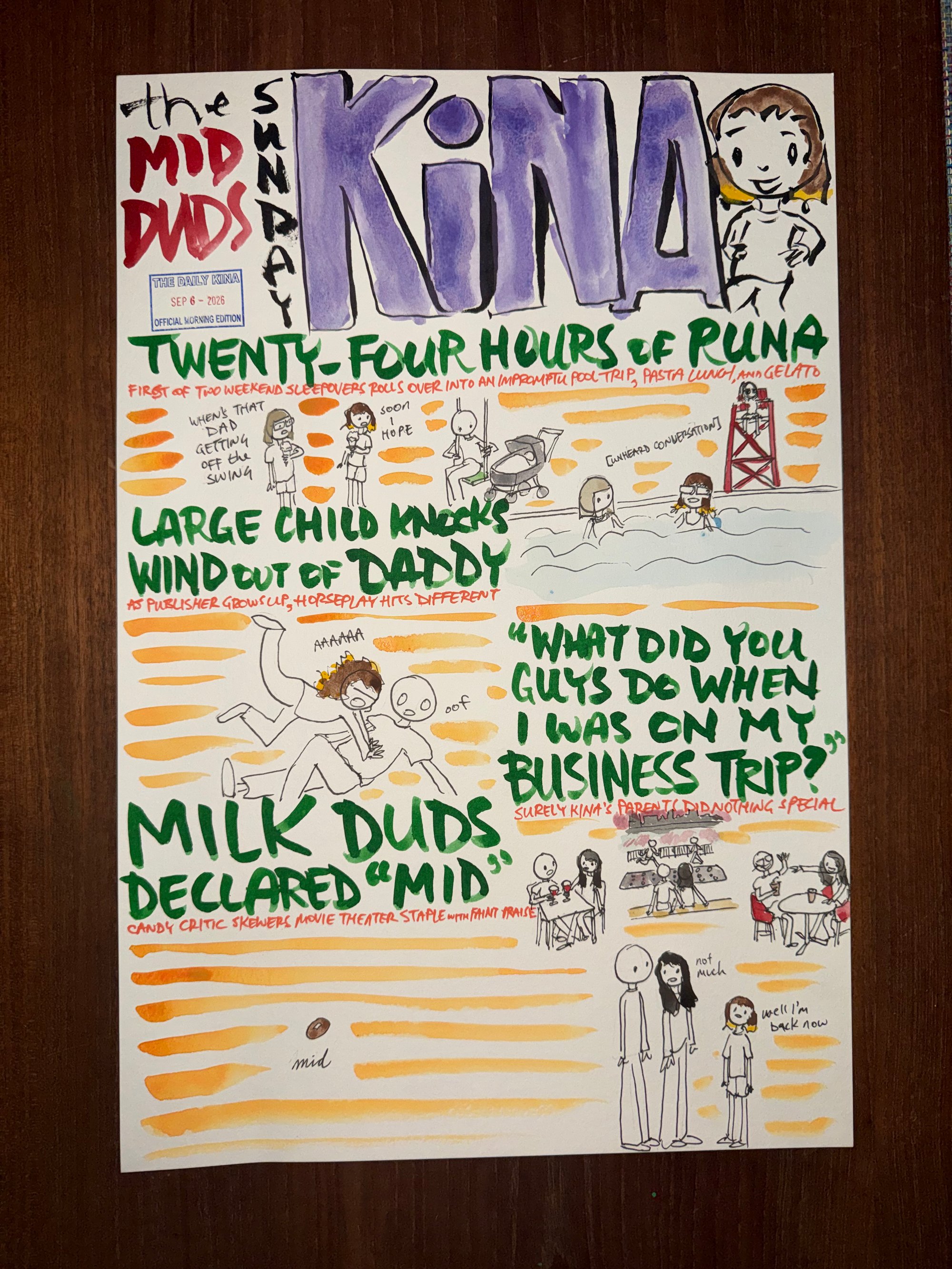 The Daily Kina for September 6, 2026. Top story: Twenty-Four Hours of Runa. Also in this issue: Large Child Knocks Wind out of Daddy; “What Did You Guys Do When I Was on My Business Trip?”; Milk Duds Declared “Mid”.