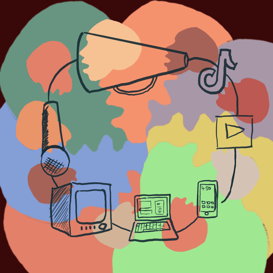 a badly drawn image of a megaphone, a microphone, a television, a laptop, an old smartphone, the youtube logo and the tiktok logo. the background is made up of laters of the same shape of a speaking face