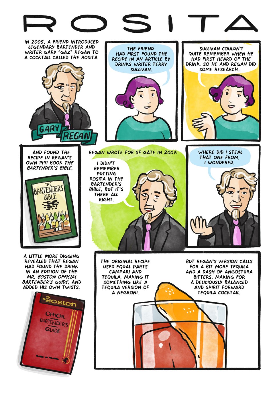 In the mid-2000s, a friend introduced legendary bartender and writer Gary “Gaz” Regan to a cocktail called the Rosita.
The friend had first found the recipe in an article by drinks writer Terry Sullivan.
Sullivan couldn’t quite remember when he had first heard of the drink, so he and Regan did some research…
…And found the recipe in Regan’s own 1991 book The Bartender’s Bible.
As Regan wrote for SF Gate in 2007: “I didn't remember putting Rosita in The Bartender's Bible, but it's there all right.
"Where did I steal that one from, I wondered.”
A little more digging revealed that Regan had found the drink in the 1974 Mr. Boston Official Bartender's Guide, and added his own twists.
Boehm’s original recipe used equal parts campari and tequila, making it something like a tequila version of a Negroni.
But Regan’s version calls for a higher proportion of tequila and a dash of angostura bitters, making for a deliciously balanced and spirit forward tequila cocktail.