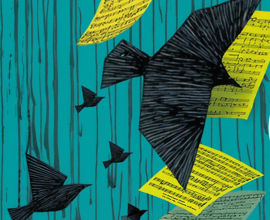 Paper craft looking black birds fluttering in front of a blue background with dark streaks descending vertically. There is sheet music flying around on yellow pieces of paper