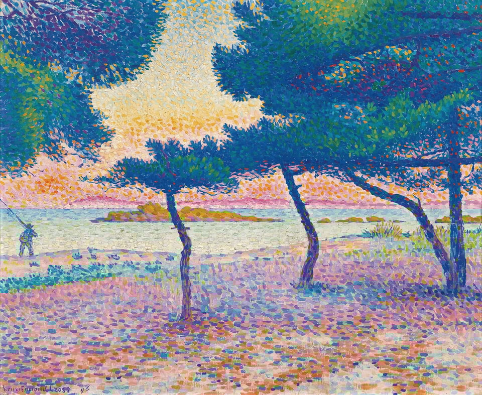 a painting of a beach with trees