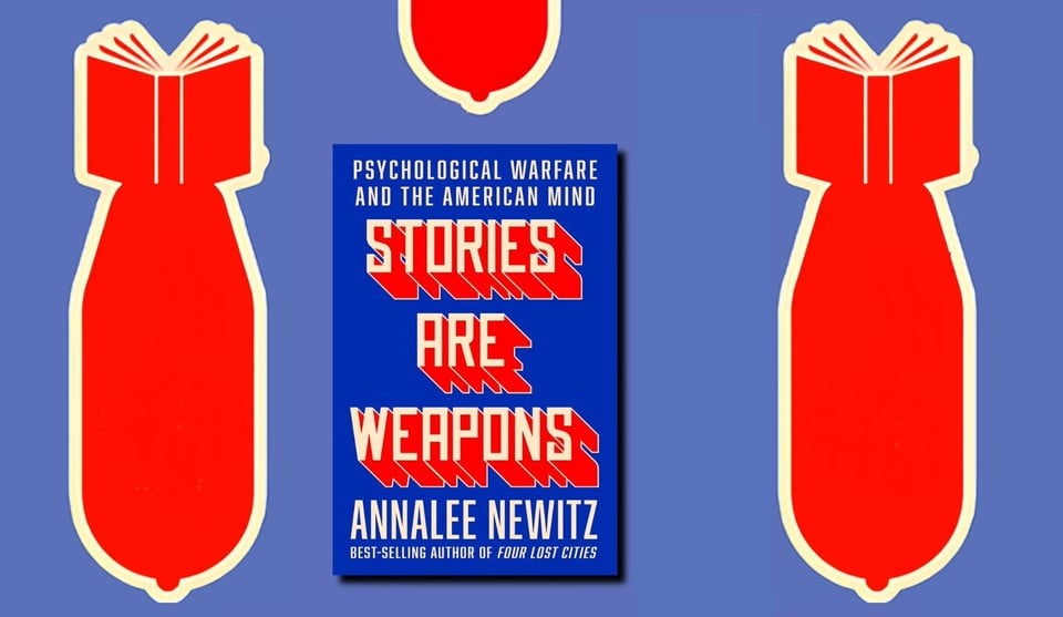 The cover of Stories Are Weapons by Annalee Newitz, surrounded by book-bomb hybrids