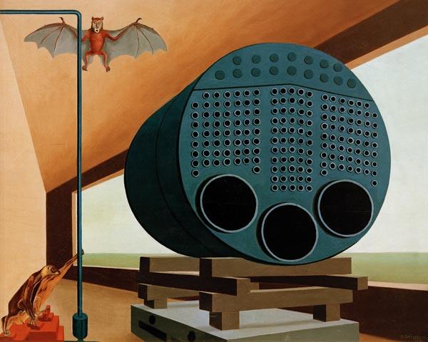 A large cylinder with three large holes and three banks of smaller holes sits on top of a jenga-ish arrangement of beams. A metal pole on the left is steadied by a bat, and another bat in full wing hovers near the top of the pole.