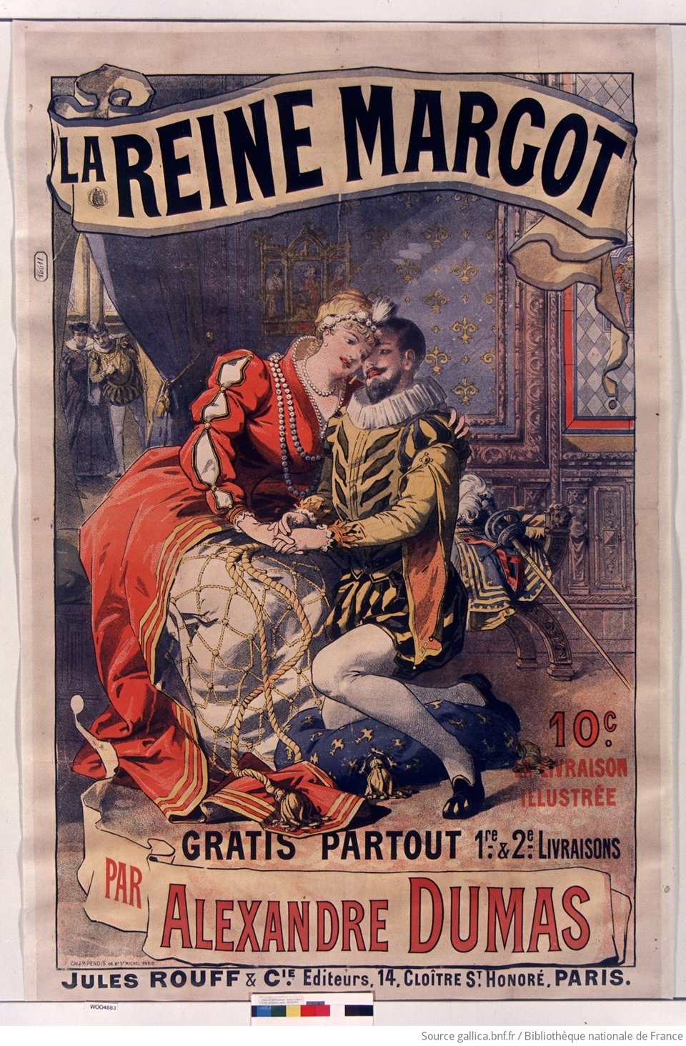 An illustration showing a man and a woman in an embrace in 16th century clothing, with La Reine Margot on a ribbon banner.
