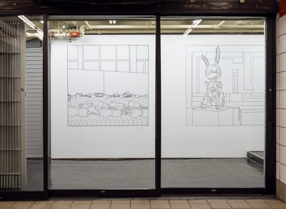 Installation view of Harrison Kinnane Smith's "Tracings and Arrangements," 2026. A frontal view of a vacant former newsstand on the mezzanine level of a beige-tiled subway station. On a white wall at the back of the space, visible through a floor-to-ceiling glass shopfront, two black-and-white "tracings" by Louise Lawler have been installed. These are derived from earlier photographs showing, on the left, an uninstalled string-light sculpture by Felix Gonzalez-Torres, and on the right, a mirrored bunny sculpture by Jeff Koons with a Peter Halley painting behind it.