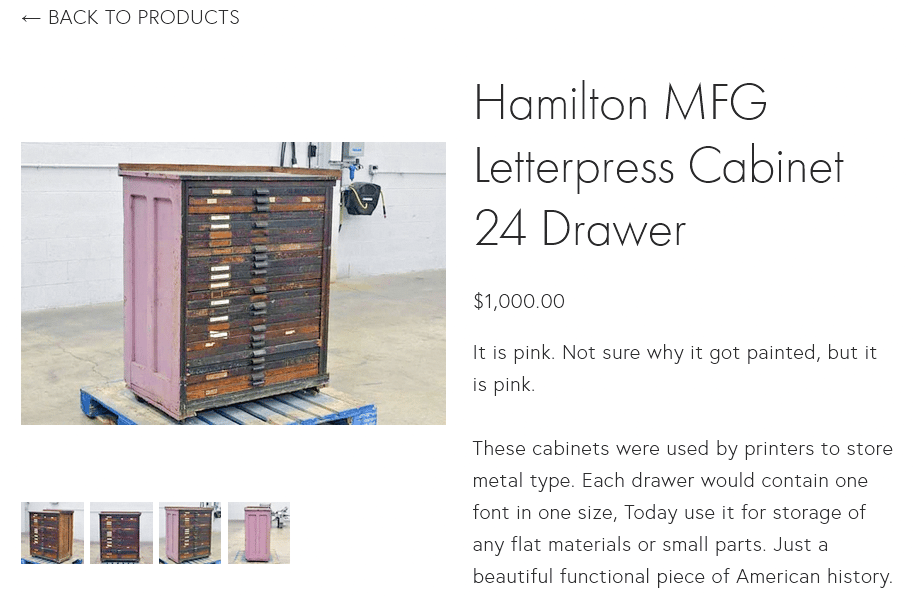 Screenshot of a product page selling a vintage letterpress cabinet, the sides of which have been painted pink. The product description expresses confusion at this. The price is one thousand US dollars.