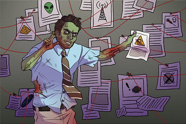 A zombie in a suit stands in front of a pinboard with red string connecting various pages. The pages display illegible text and images of a pyramid, an alien, a cell-phone tower, an injection with a skull, and an eye on another pyramid (the zombie holds this image).