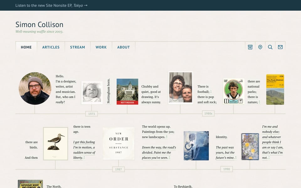 The timeline on the home page, showing a photo of Simon and several images