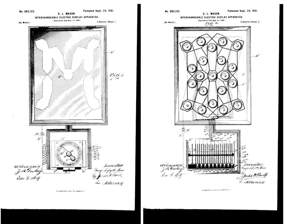 Two hand-drawn images from a patent filing. It shows the 21-segment display, but this time composed of lightbulbs. The letter M is displayed. Beneath the letter M is a round dial with all the letters of the alphabet written clockwise around it, and a dial that can be spun to point to any letter