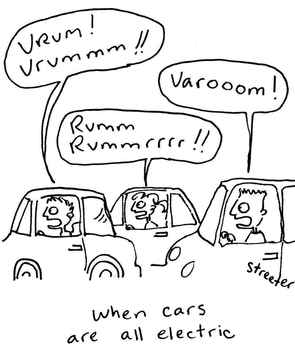 Cartoon of people in electric cars making engine noises