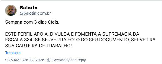 Post de 𝐁𝐚𝐥𝐨𝐭𝐢𝐧 (@balotin.com.br): Semana com 3 dias úteis.
ESTE PERFIL APOIA, DIVULGA E FOMENTA A SUPREMACIA DA ESCALA 3X4! SE SERVE PRA FOTO DO SEU DOCUMENTO, SERVE PRA SUA CARTEIRA DE TRABALHO!