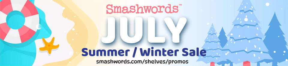 A graphic from the Smashword July Summer/Winter Sale, that is half-beach themed and half-winter themed.