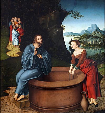 A painting of Jesus and the Samaritan woman at the well. I don't know the painter.