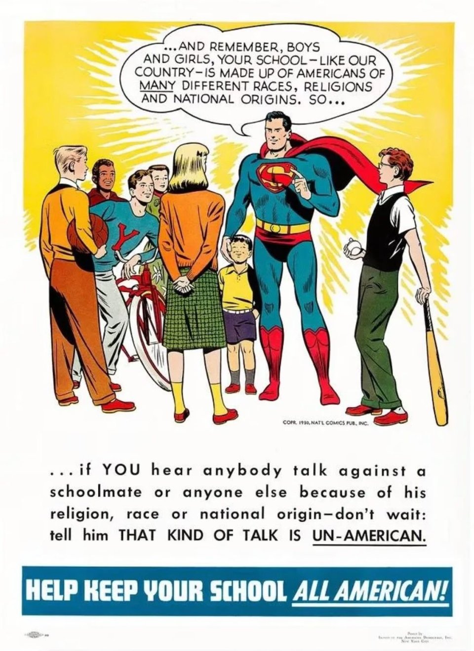 Superman explaining that discrimination is inherently anti-American and we need to standup for each other. It is an old-school style comic.