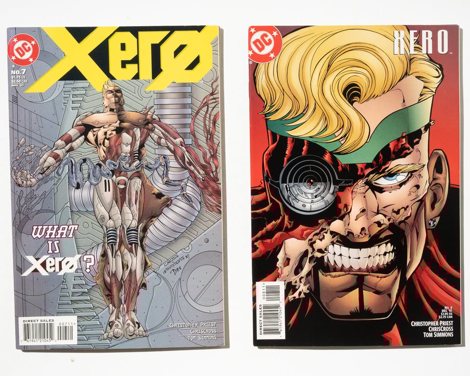 The covers of Xero 7 and 8. 7 is a drawing based on