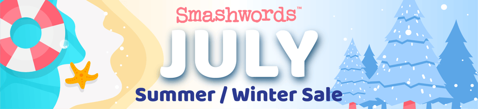 Image reads "Smashwords July Summer/Winter Sale" with a beach on the left, and a wintery background on the right. 