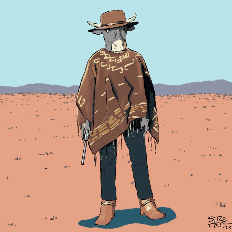 Color illustration of Clint Eastwood-like cowboy in the desert who is actually a cow