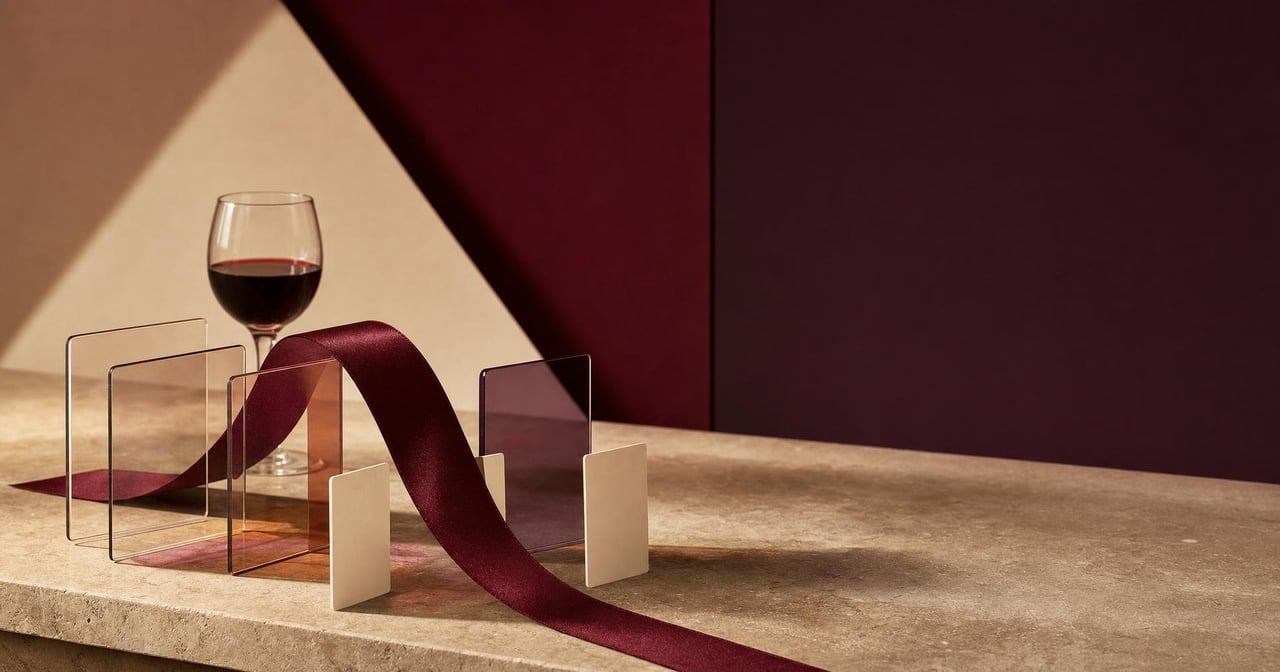 A curved burgundy ribbon passes through transparent filters and blank study cards in front of a small wine glass.