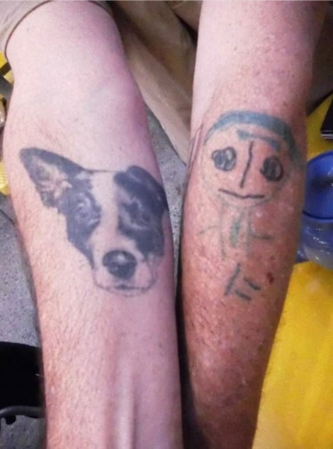 Digital Instax pic of two tattoos on a white man's freckled arms: his right arm shows a realistic face of a dog who looks like A Good Boy, and his left is a reproduction of an iPad self-portrait drawn by a child, with an F scrawled beneath it