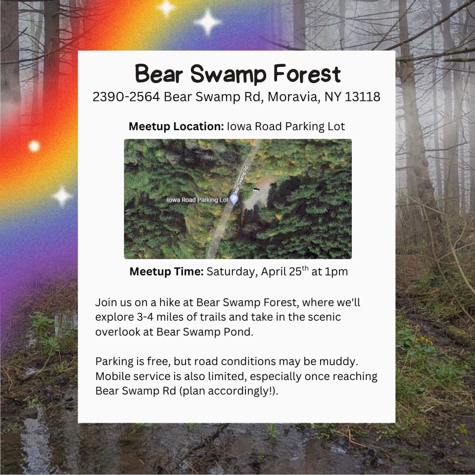 Hike Location: Bear Swamp Forest.
Hike Address: 2390-2564 Bear Swamp Rd, Moravia, NY 13118.
Meetup Location: lowa Road Parking Lot.
Meetup Time: Saturday, April 25th at 1pm
Join us on a hike at Bear Swamp Forest, where we'll explore 3-4 miles of trails and take in the scenic overlook at Bear Swamp Pond.
Parking is free, but road conditions may be muddy.
Mobile service is also limited, especially once reaching Bear Swamp Rd ,plan accordingly!