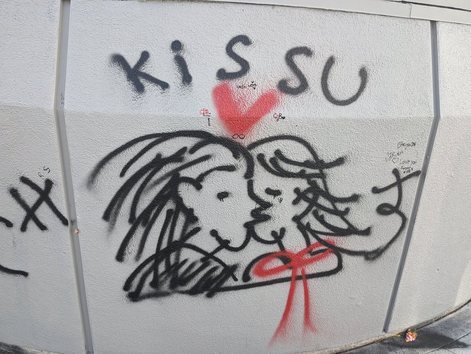 Cartoon of two girls kissing with KISS U