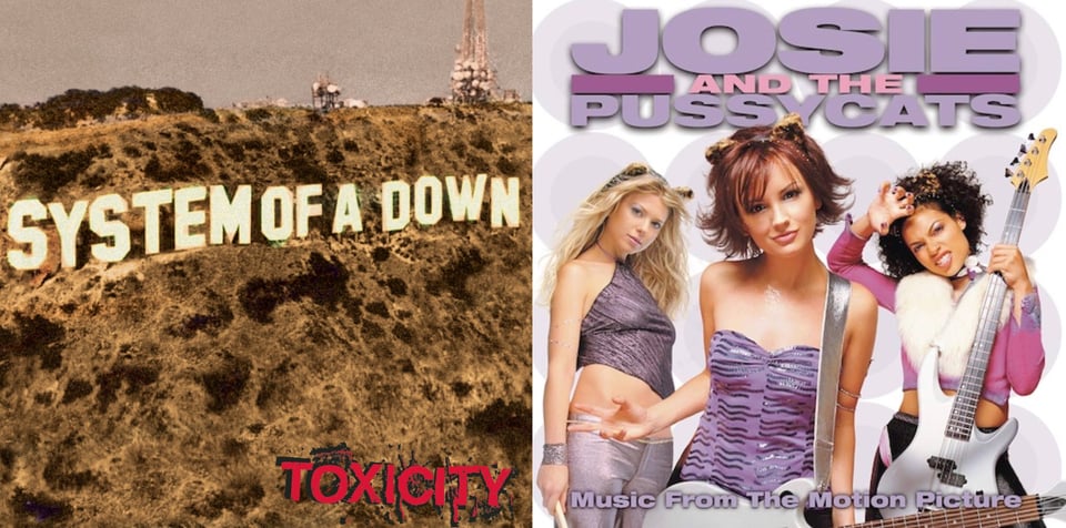 First pic: A photo of the famous Hollywood sign in Los Angeles, but the letters have been replaced so it says SYSTEM OF A DOWN. Second pic: The cast of the film JOSIE AND THE PUSSYCATS, posing for the camera. On the far left is a white woman with long blond hair holding drumsticks. The middle woman has a guitar and makes a kind of "you wanna try me?" gesture with a confident smirk on her face. On the right is a Black woman holding a bass guitar in front of her body and making a cat claws gesture with a scowl. They all wear little cat ears on their heads.