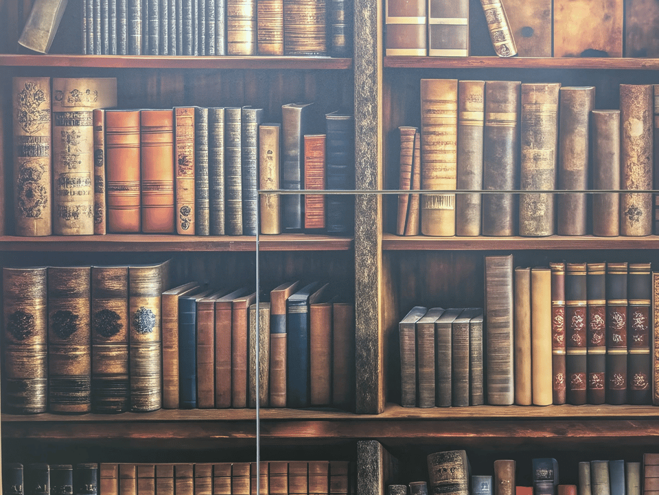 A slightly stylized image of books on wooden bookshelves. It's an uncanny image because it looks real at first glance but then you see that none of the books have actual words on them, the sets of books are horribly mismatched, the shadows / perspective / angles are slightly off, some books defy physics by floating or cutting through wood, one book appears to be split into two diagonal pieces, and more.