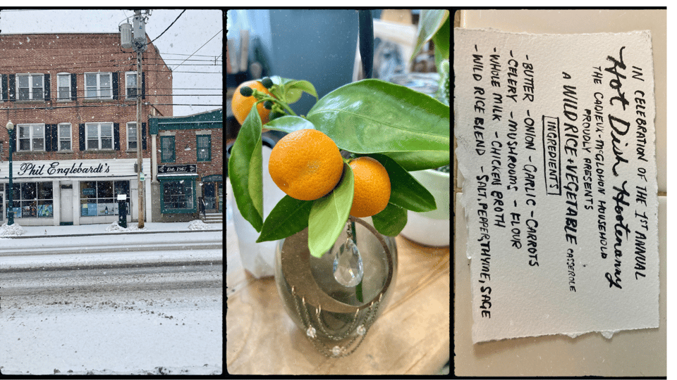 3 photos. L-R: a street during snowfall, a small citrus plant with fruit in a glass vase, and a recipe for wild rice and vegetable casserole.