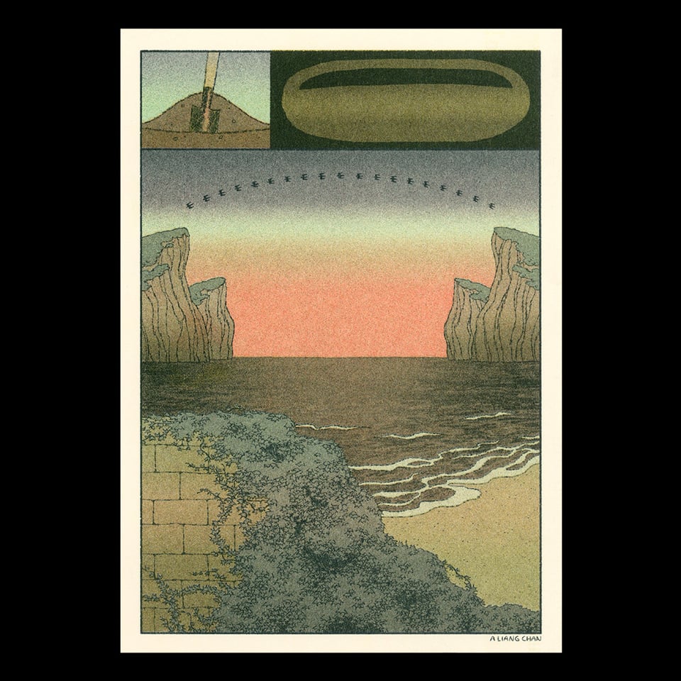 a risograph print: a crumbling, vine-covered wall rises in front of the sea, waves washing up on a sandy shore. an arc of distant birds hangs in the orange sky, bridging symmetrical cliffs to the left and right. above are small panels of a spade in a mound of dirt and a basket-like icon.