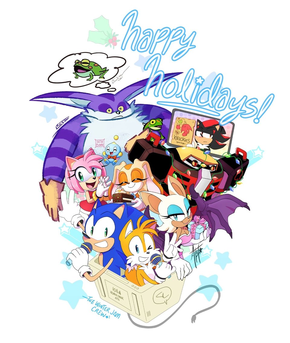 A group picture of Big the Cat, holding a "Froggy" and thinking about Froggy, Amy, Cream, Cheese, Rouge, Omega, Sonic, Tails, and Shadow on a screen (with a poorly drawn Knuckles), wishing you happy holidays. It was made my the Sonic Winter Jam crew and they're all coming out of an old TV with stars in the background.