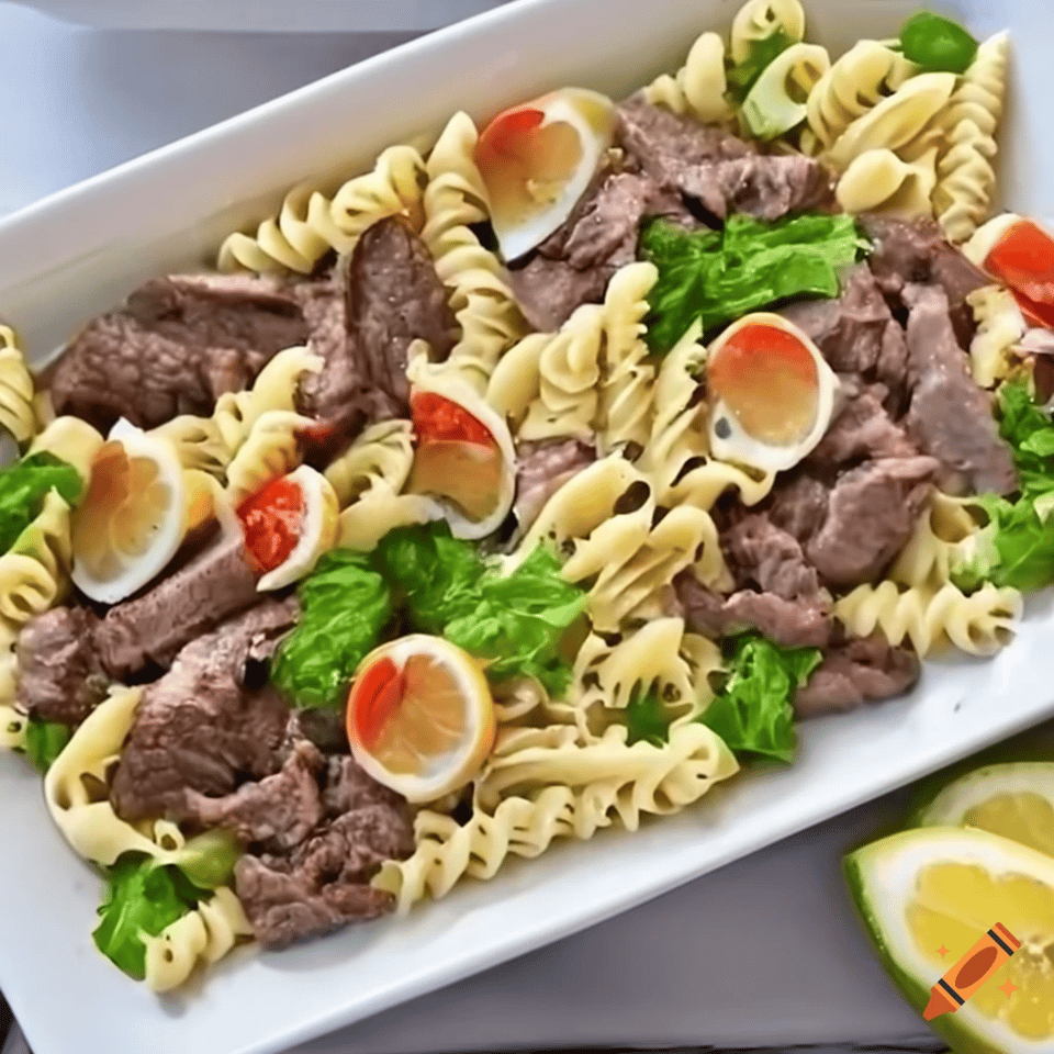 AI-generated image of AI-generated beef pasta salad, sort of