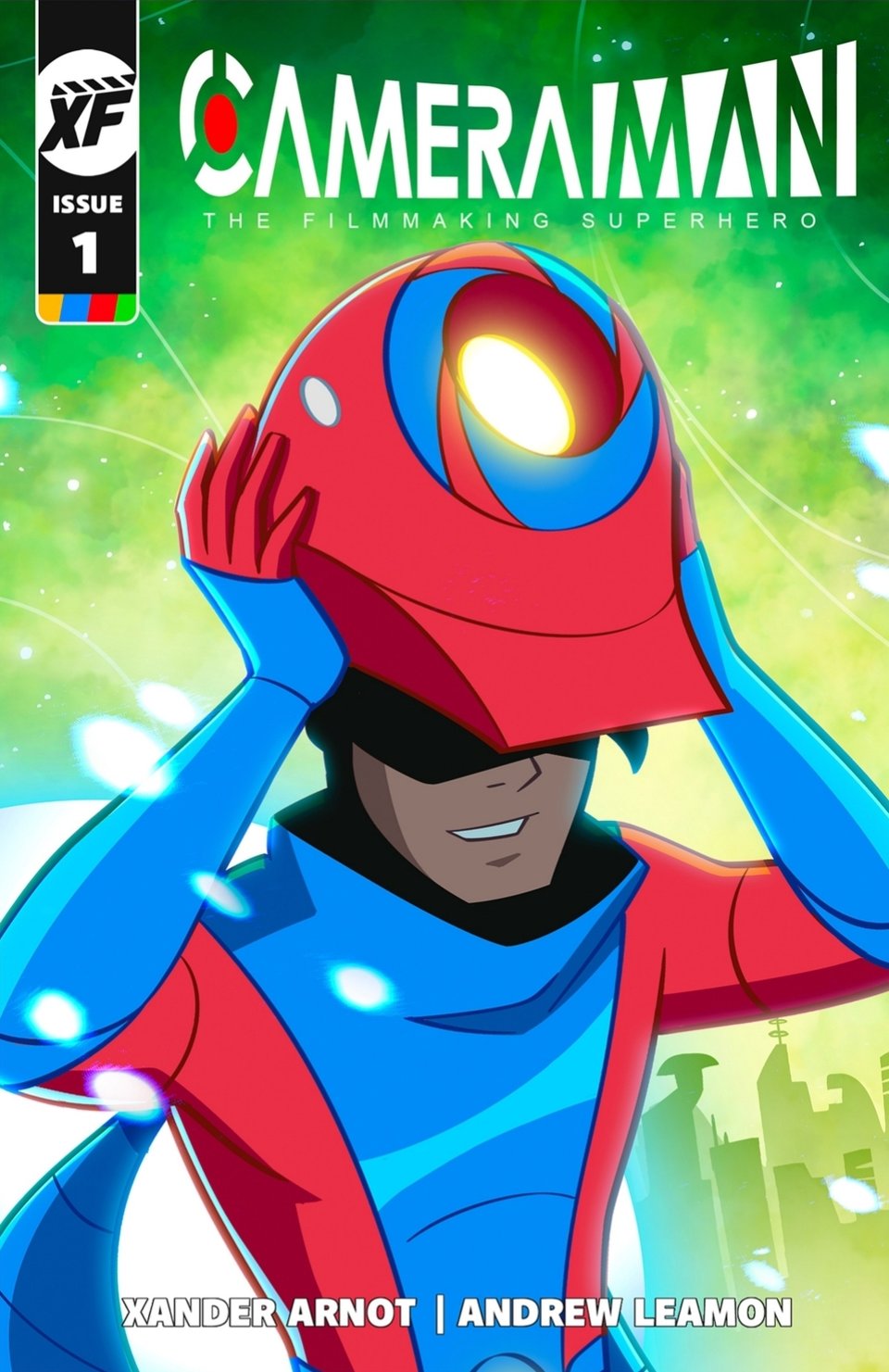 The main/standard cover for Camera Man #1 featuring the titular hero Camera Man in his suit taking his helmet off. He is standing on an alien planet. There are lensflare. And an open portal behind him..