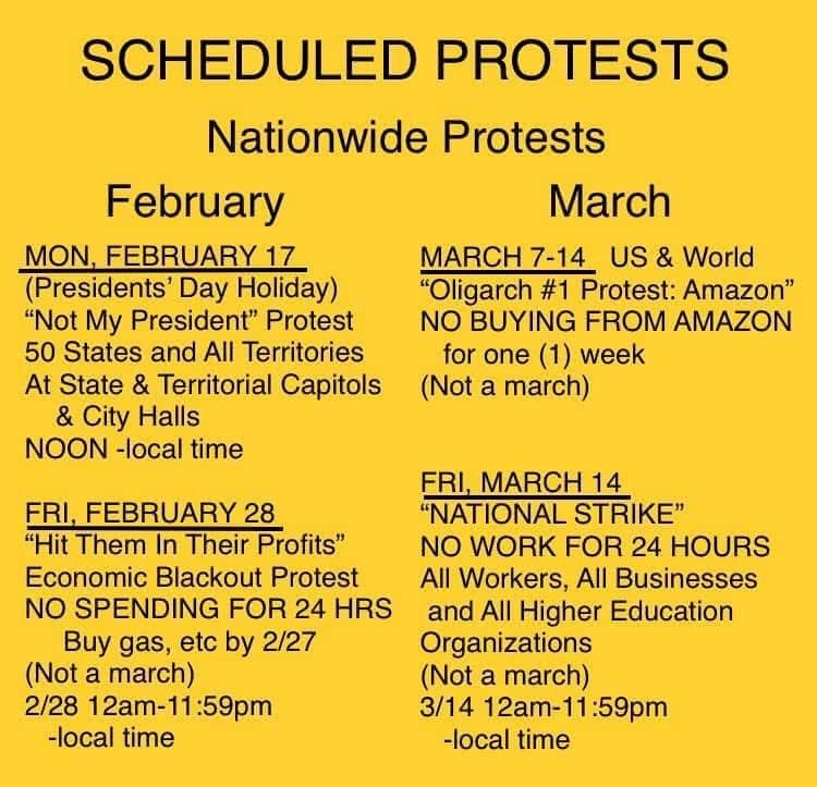 protest calendar. FEB 28 don't buy anything. March 7-14 – no AMAZON purchases. March 14 general strike. Easy peasy.