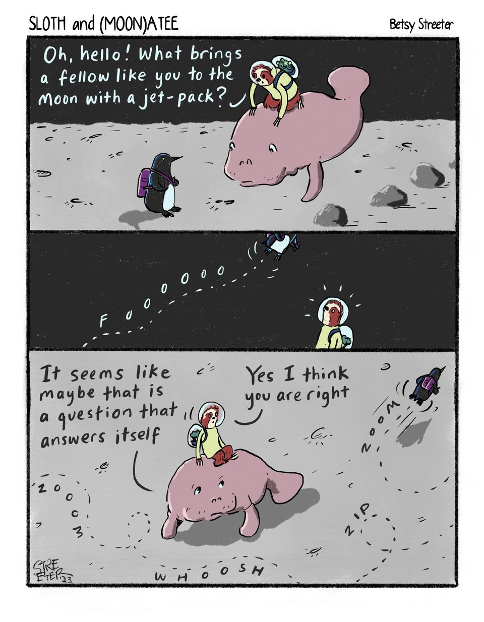 Comic of sloth and manatee on the Moon, meeting a penguin flying around with a jet pack