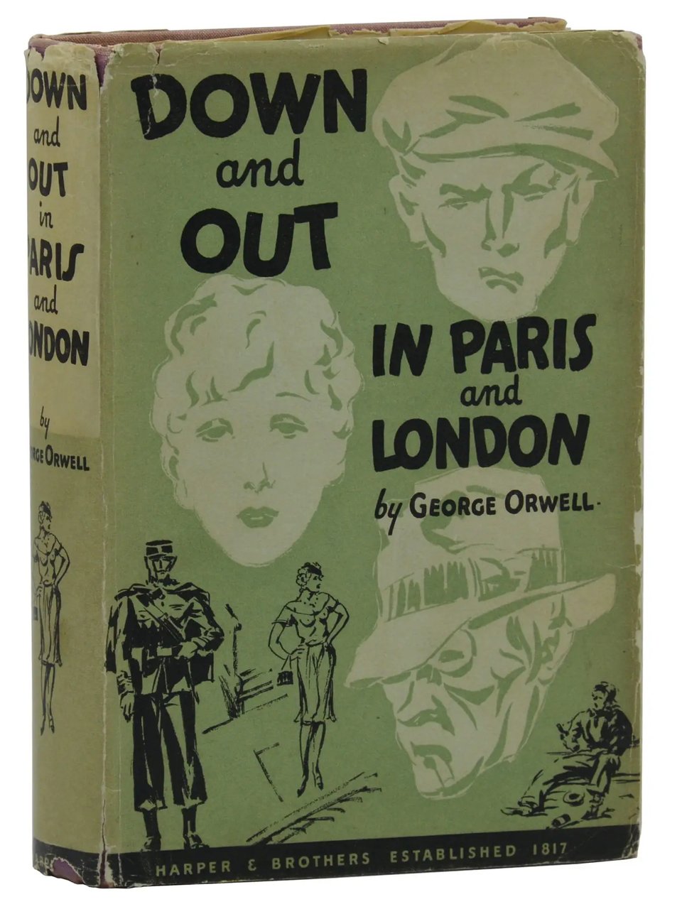 White faced figures adorn a green background, they look a combination of unhappy, angry and bored. Small black figures show police, prostitutes and tramps.