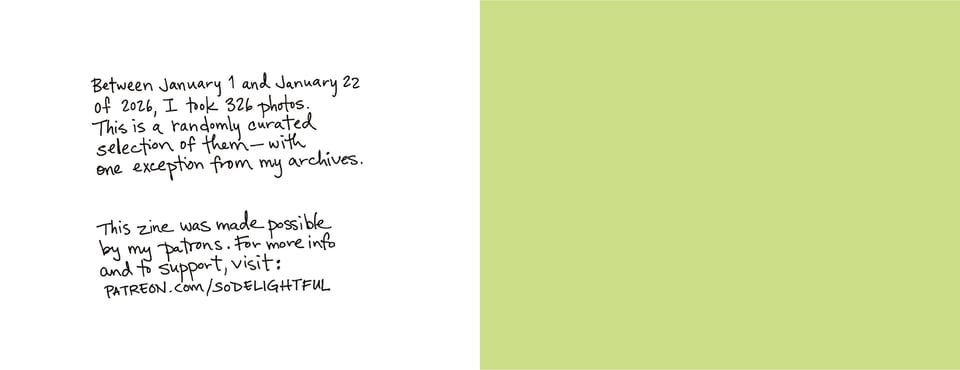 "Between January 1 and January 22 of 2026, I took 326 photos. This is a randomly curated selection of them — with one exception from my archives. This zine was made possible by my patrons. For more info and to support, visit patreon.com/sodelightful.