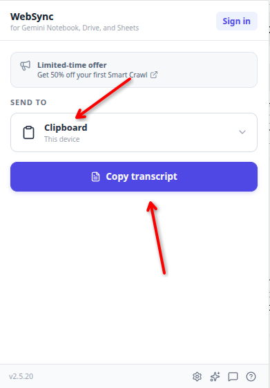 WebSync / Clipboard / Copy transcript
