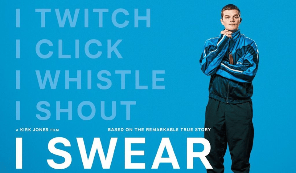 Film poster with bright cyan background. A young white man stands on the right in a royal blue tracksuit jacket with light blue stripes and black trousers, hand thoughtfully placed under his chin, gazing directly at camera with a slight smirk. Left side shows text in light blue capitals reading "I TWITCH / I CLICK / I WHISTLE / I SHOUT" stacked vertically. Bottom of poster displays large white text "I SWEAR" with smaller text above stating "A KIRK JONES FILM" and "BASED ON THE REMARKABLE TRUE STORY".