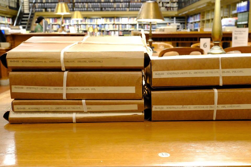Tied-up scrapbooks in the NYPL reading room