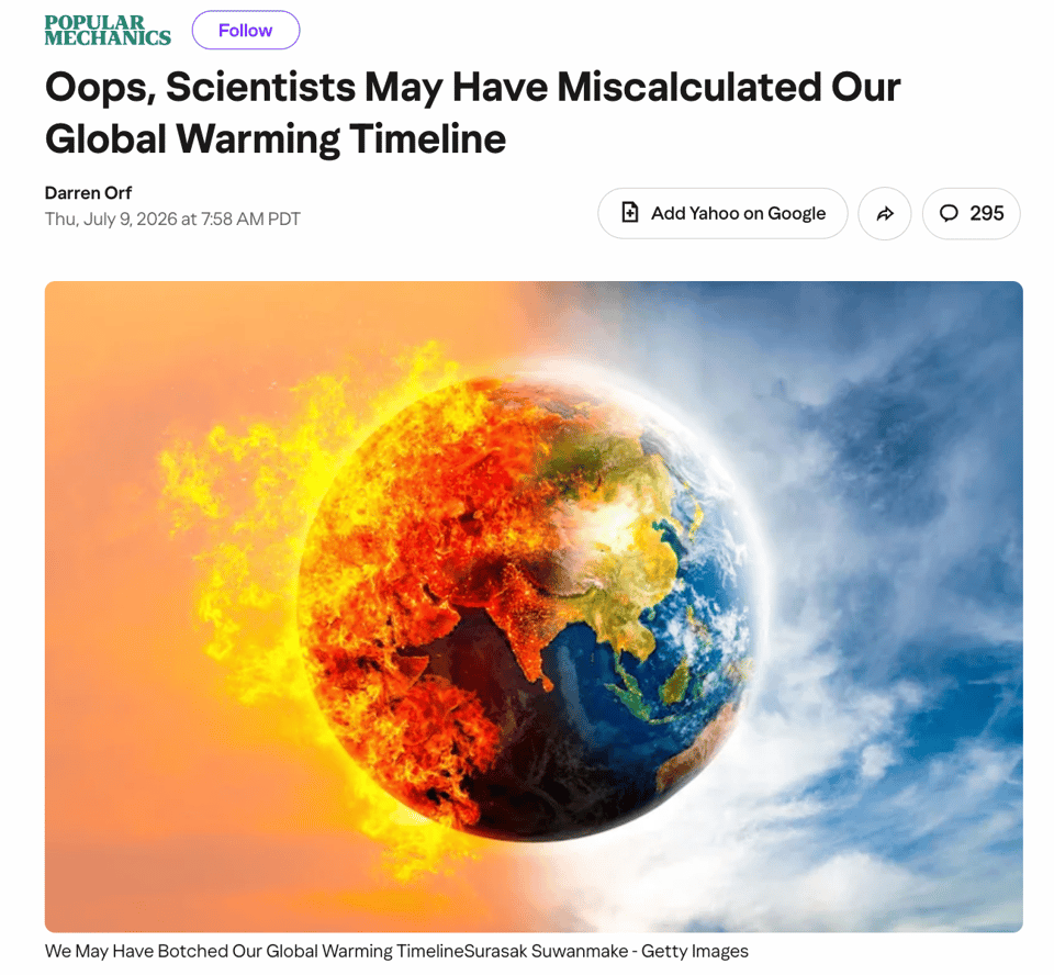 Oops, Scientists May Have Miscalculated Our Global Warming Timeline
Popular Mechanics story by Darren Orf
Earth on fire image