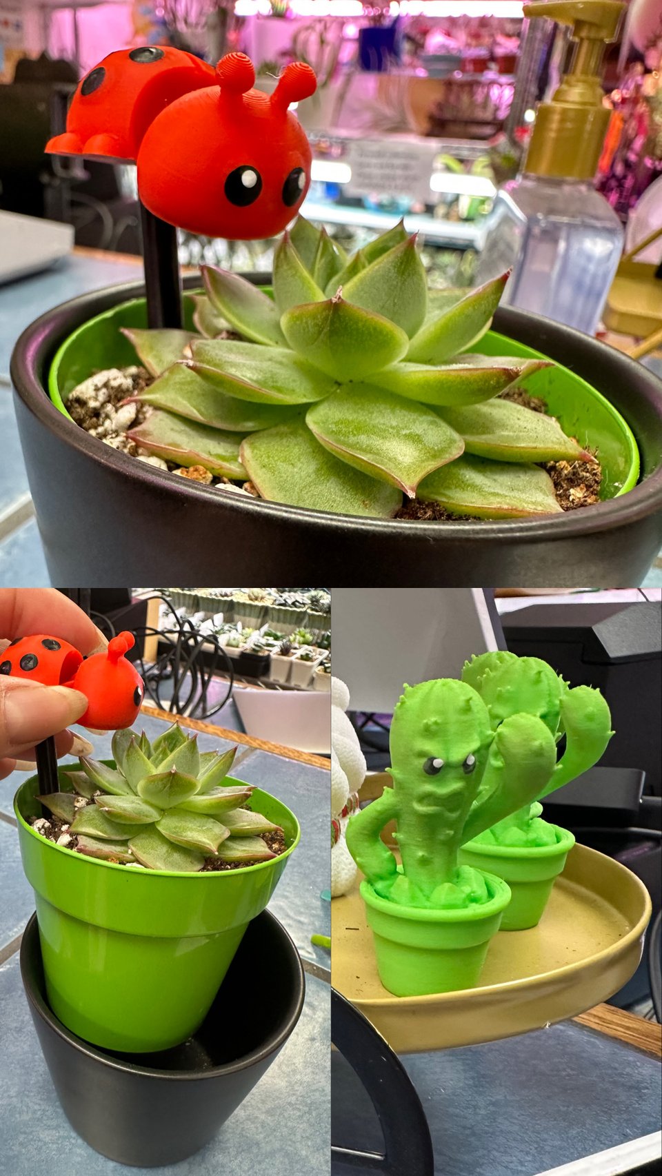 Top: green succulent in a green plant pot, sat inside a black decorative pot - the succulent is accompanied by a 3D-printed ladybug on a stick. Lower left: hand is holding the ladybug, pulling the green pot out of the black one. Lower right: an alternative pot lifter "topper" is shown - an angry cactus waving a fist.