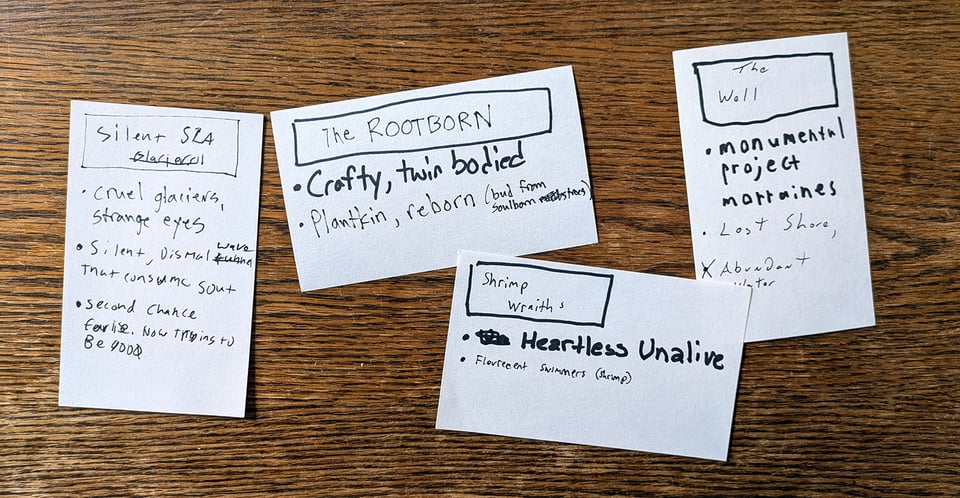 Indexes for Downcrawl Worlds, including cards for The Rootbort, Shrimp Wraiths, The Wall, and the Silent Sea.