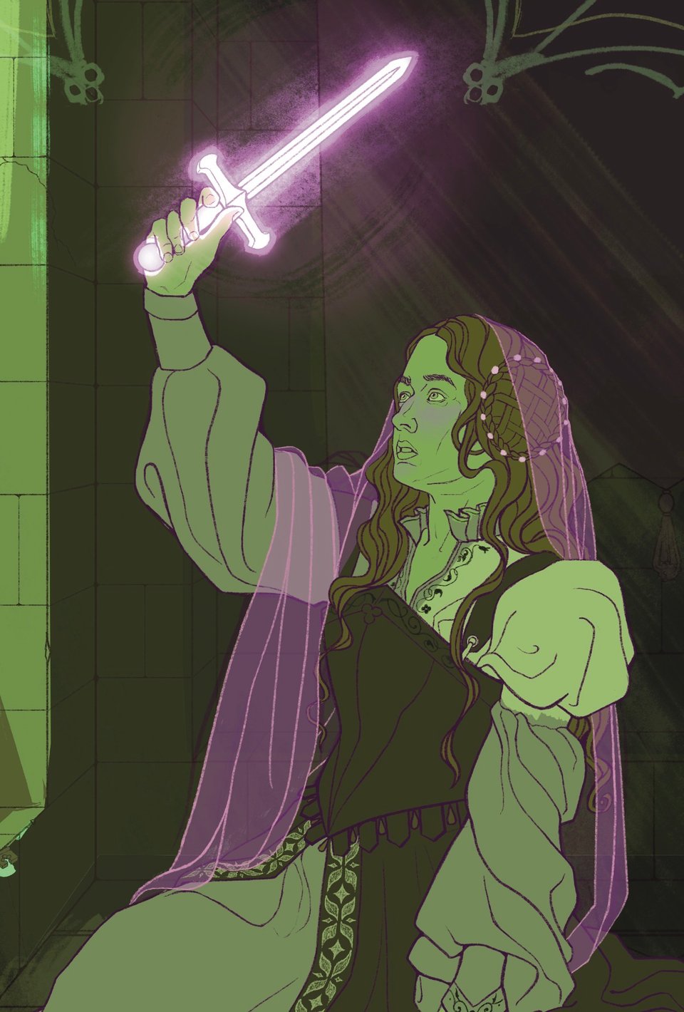 Digital illustration of a princess or noblewoman holding a magical dagger aloft. The image is primarily green, with hints of neon pinkish purple. The princess appears to be in a room made of stone blocks, illuminated by the light of a window not visible in the image. She wears historically inspired fantasy clothing.