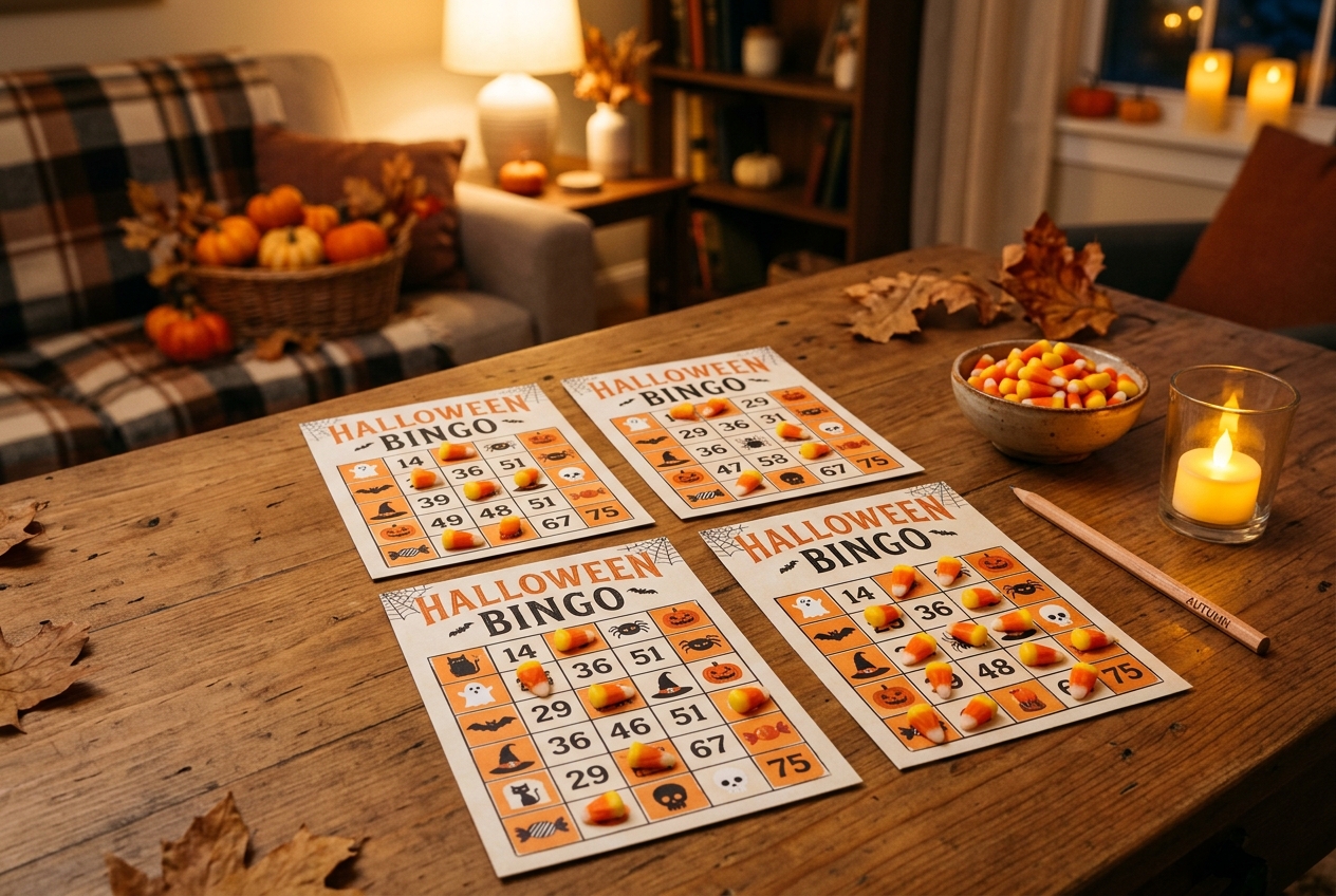 Printed Halloween bingo cards on a coffee table with candy corn used as markers and a small bowl of extra candy corn